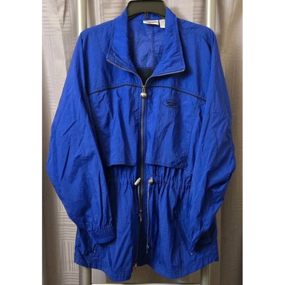 Vintage Reebok Blue Full-Zip Windbreaker Jacket with Drawstring Waist – Size L